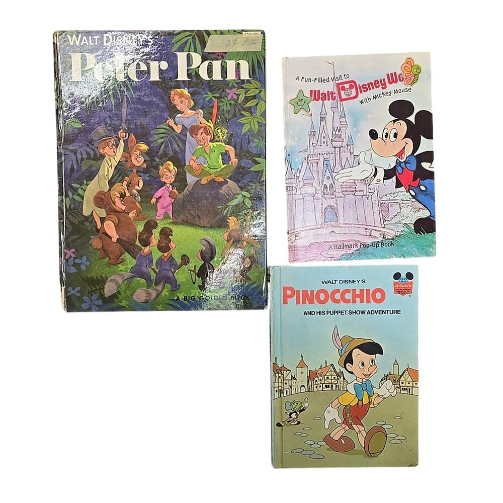 Lot of 3 Vintage Walt Disney Peter Pan, Mickey Mouse & Pinocchio Hardcover Books